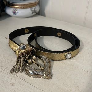 90s Y2K Leatherrock San Diego embellished gold belt and buckle 30” - 34”